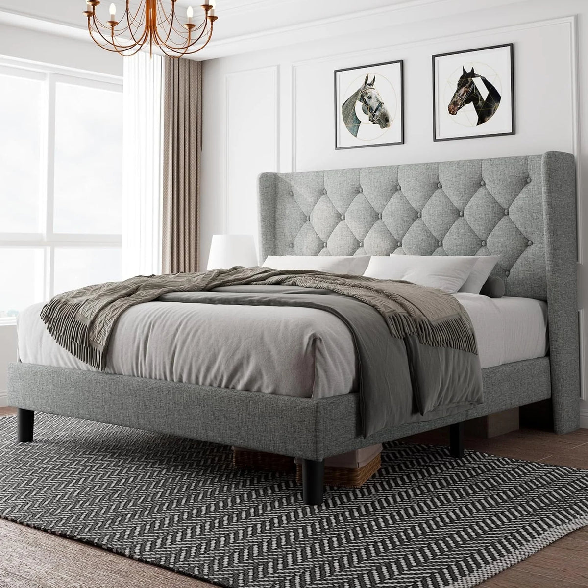 iPormis Full Size Bed Frame with Diamond Button Tufted Wingback Headboard, Upholstered Platform Bed Frame with Strong Wood Slat Support, Light Gray