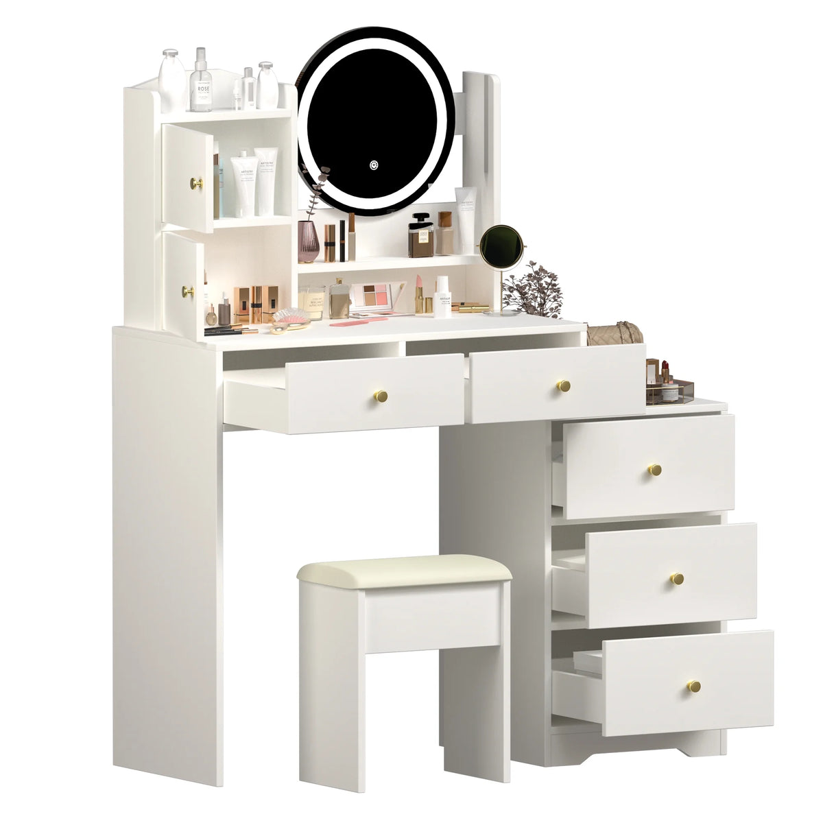 Montary Modern Mini Vanity w/Adjustable LED Mirror + Hidden Storage, Padded Stool & Dustproof Shelves (White)