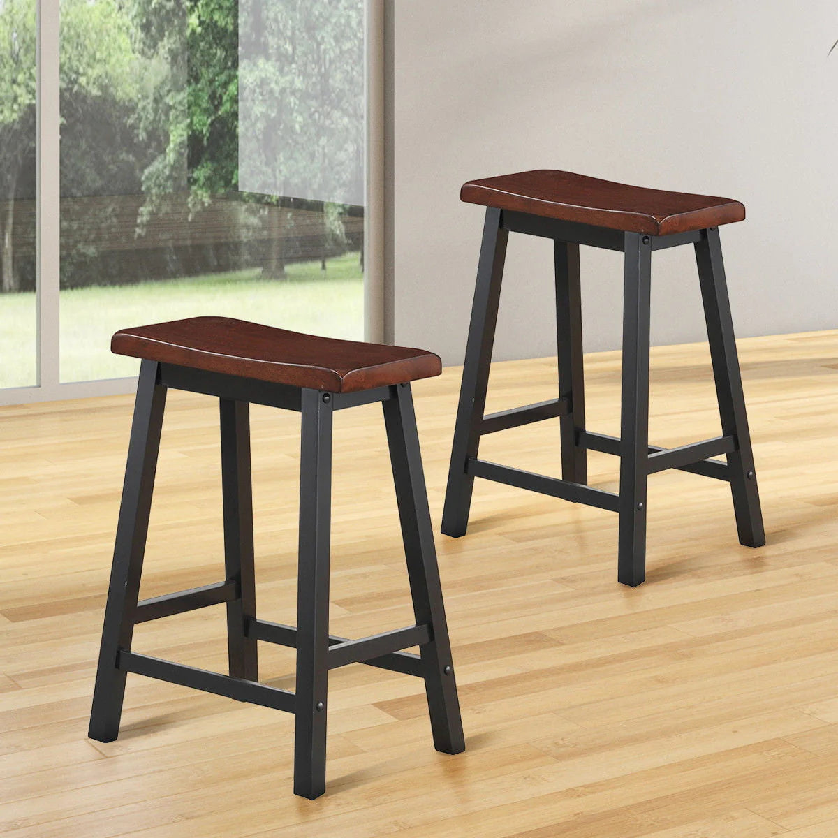 Gymax Set of 2 Bar Stools 24''H Saddle Seat Pub Chair Home Kitchen Dining Room Brown