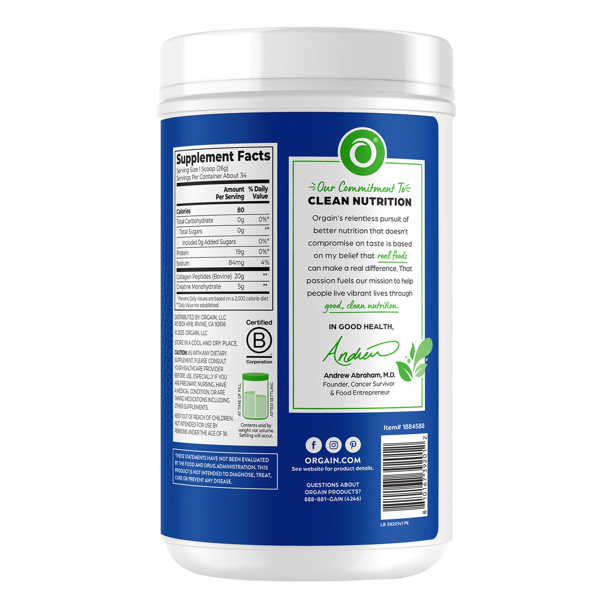 Orgain Collagen + Creatine, Unflavored, 1.95 lbs