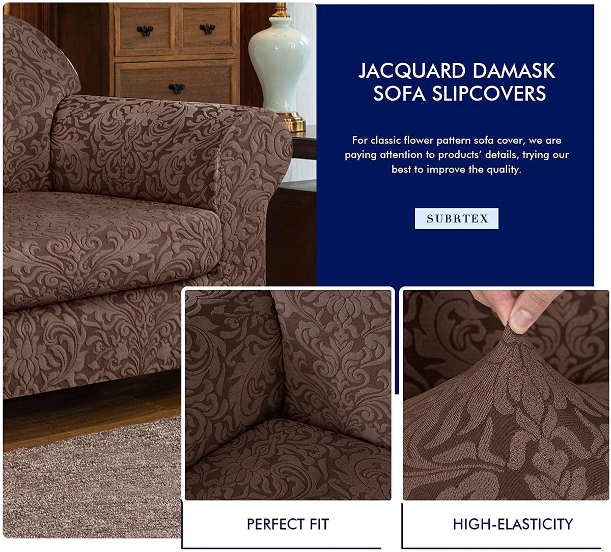 Subtrex Stretch 2-Piece Jacquard Damask Armchair Slipcover, Brown