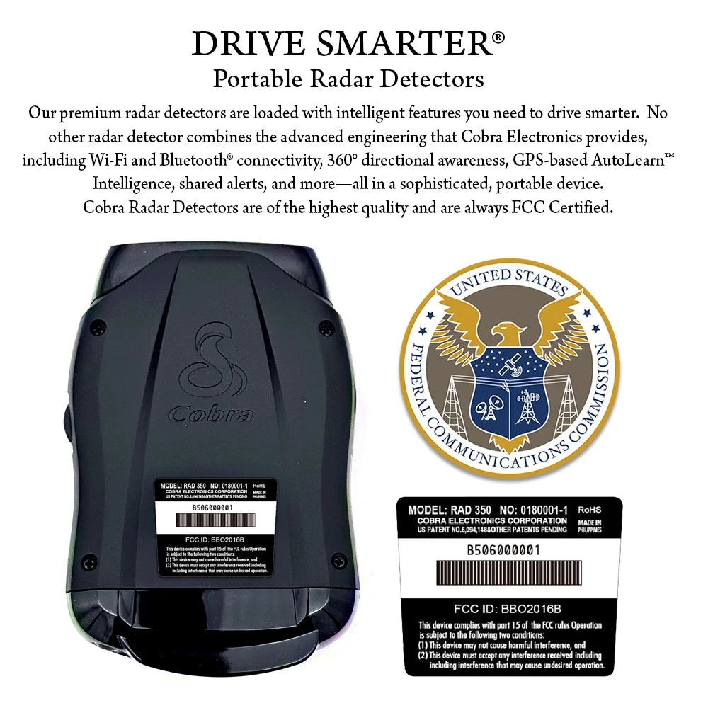 Cobra RAD 350 Laser Radar Detector - Long Range, False Alert Filter, OLED Display, Front & Rear Detection