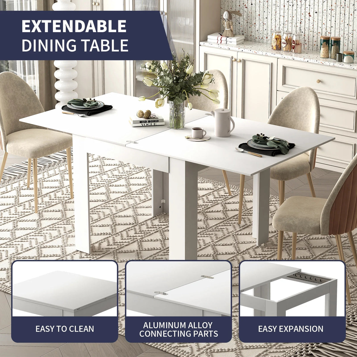 ZAFLY Extendable Dinning Table Set for 2/4/6, Modern Folding Desk, Rectangular Dinning Furniture, Space Saving Dining Table for Kitchen/Small Spaces -White