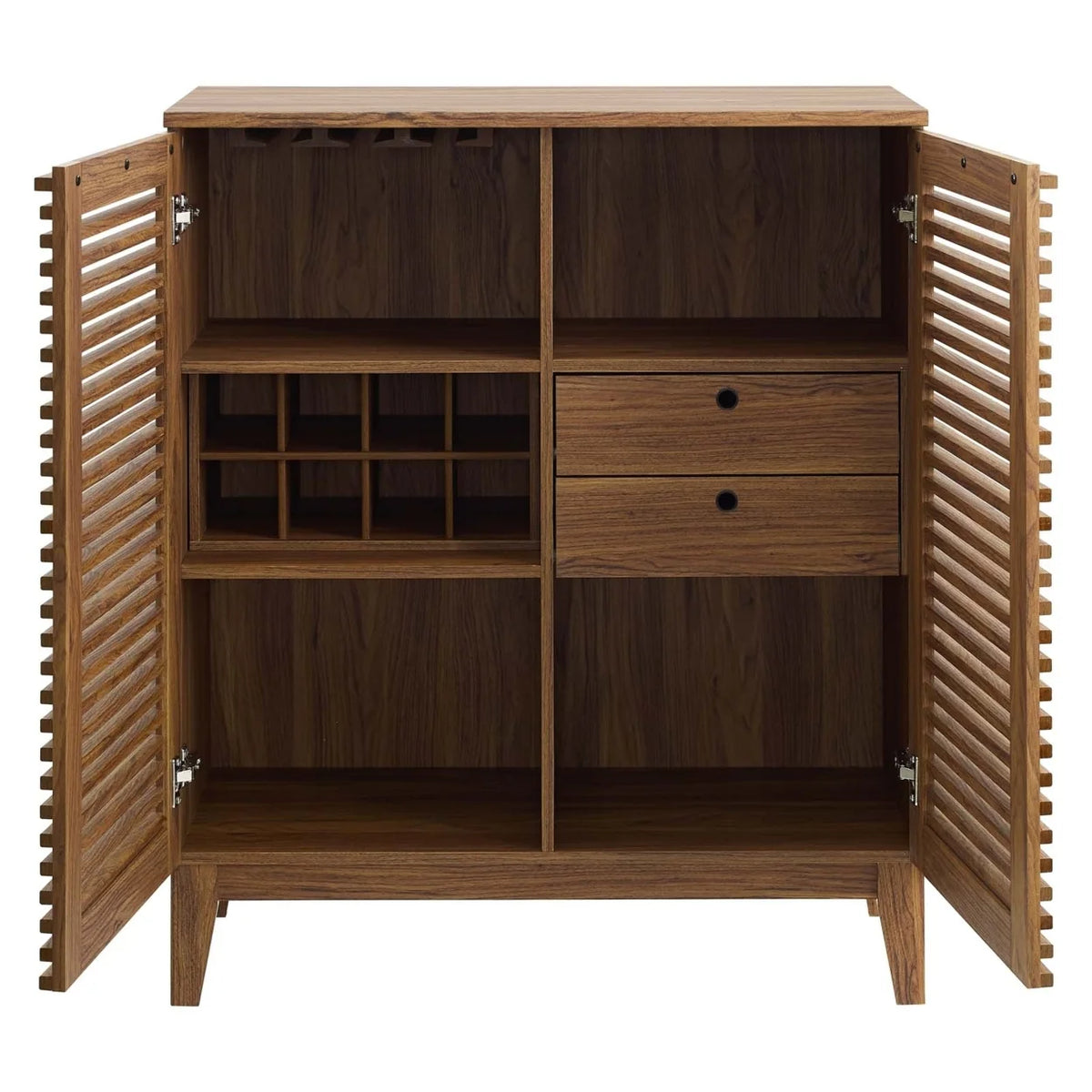 Modway Bar Cabinet with Slatted Door and 2 Drawers, Solidwood Walnut