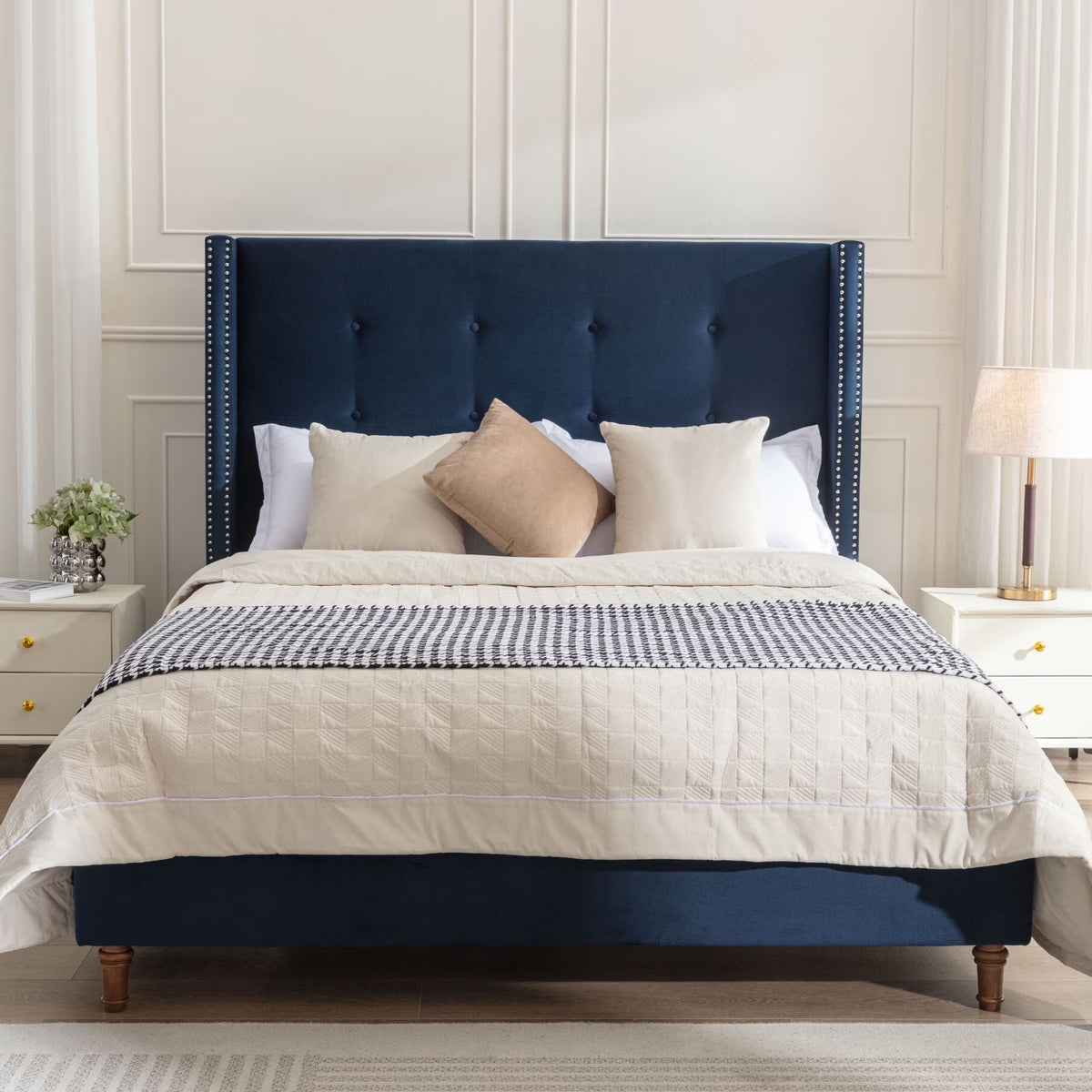 King Bed Frame Upholstered Bed with Tall Headboard, Chenille Platform Bed King Size, No Box Spring Needed, Easy Assembly, Ivory
