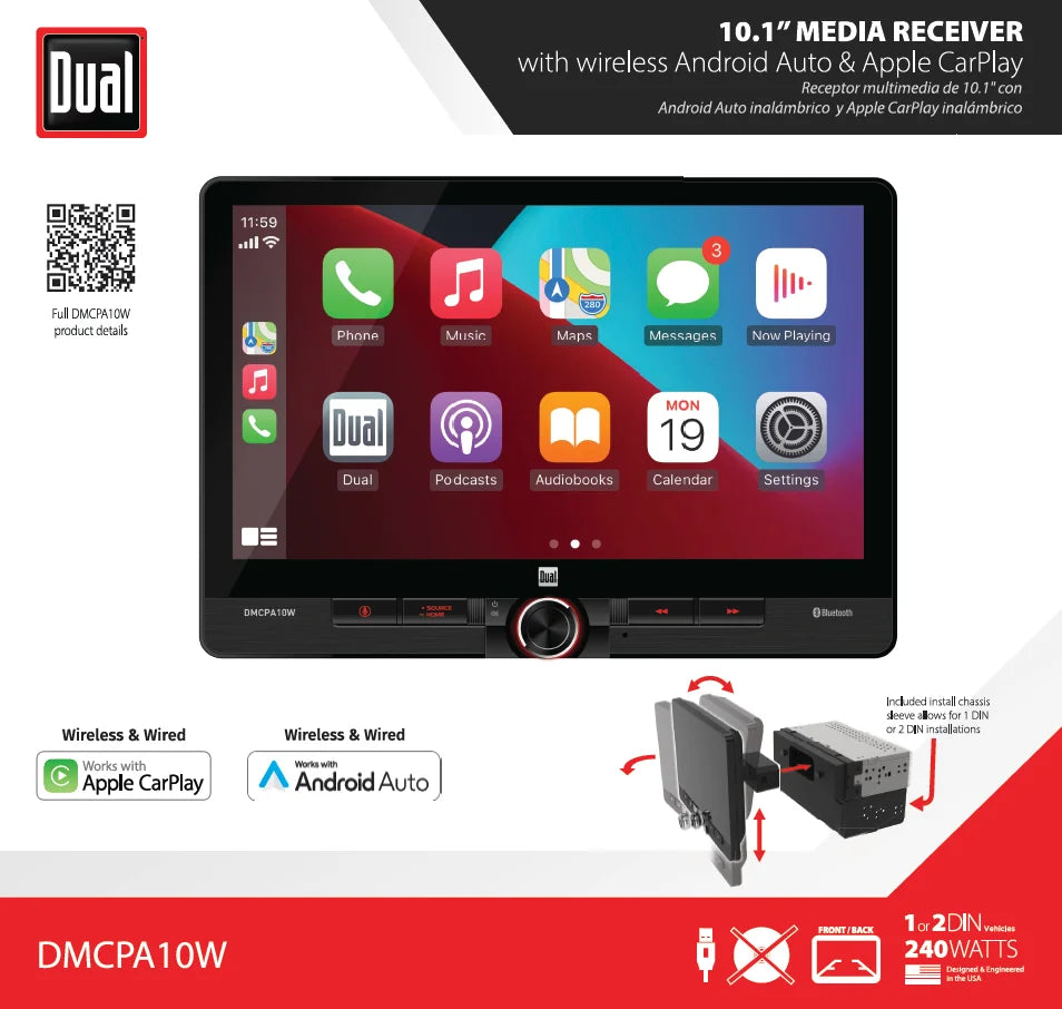 Dual Electronics 10.1" Touchscreen Car Stereo Receiver with Wireless Apple CarPlay & Android Auto �C Includes Single & Double DIN Adapters, Bluetooth, USB �C DMCPA10W (New)