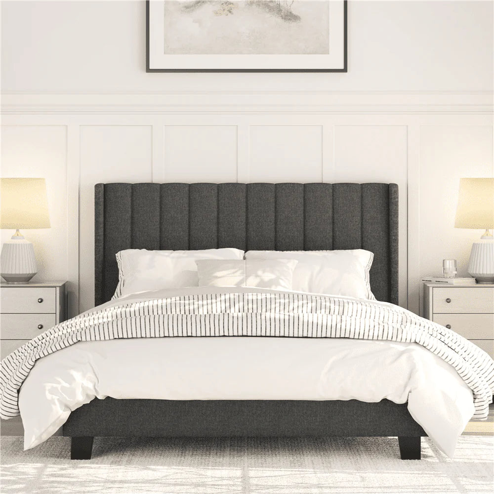 Yaheetech Upholstered Wingback Bed with Support and Mattress Foundation, Queen, Dark Gray