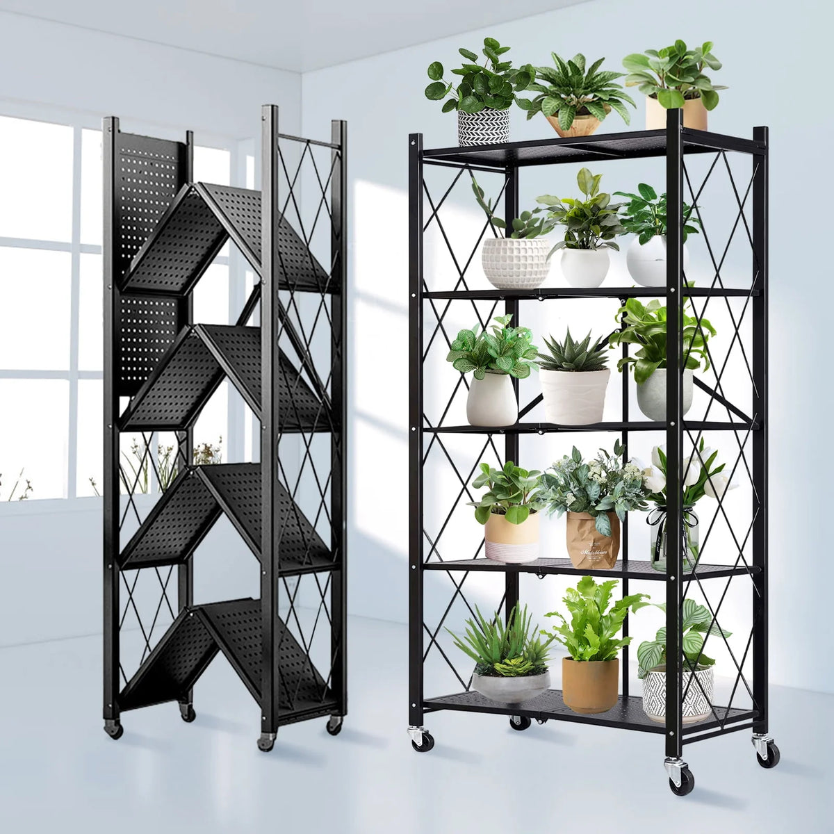Vebreda 5 Tier Storage Shelves Foldable Metal Shelving Units Storage Racks with Lockable Wheels, Black
