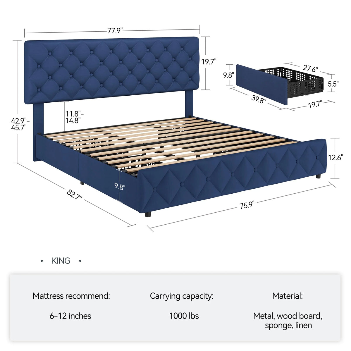 TROPOW Full Size Bed Frame,with 4 Storage Drawers and Adjustable Headboard, Linen Upholstered Platform Bed Frame, Diamond Stitched Button Tufted, No Box Spring Needed,White