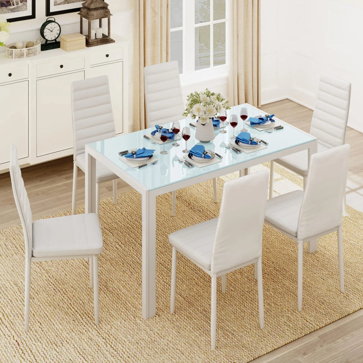 Lofka Dining Table Set for 6, Kitchen Table Set with 6 High Back Chairs, 330lbs, White