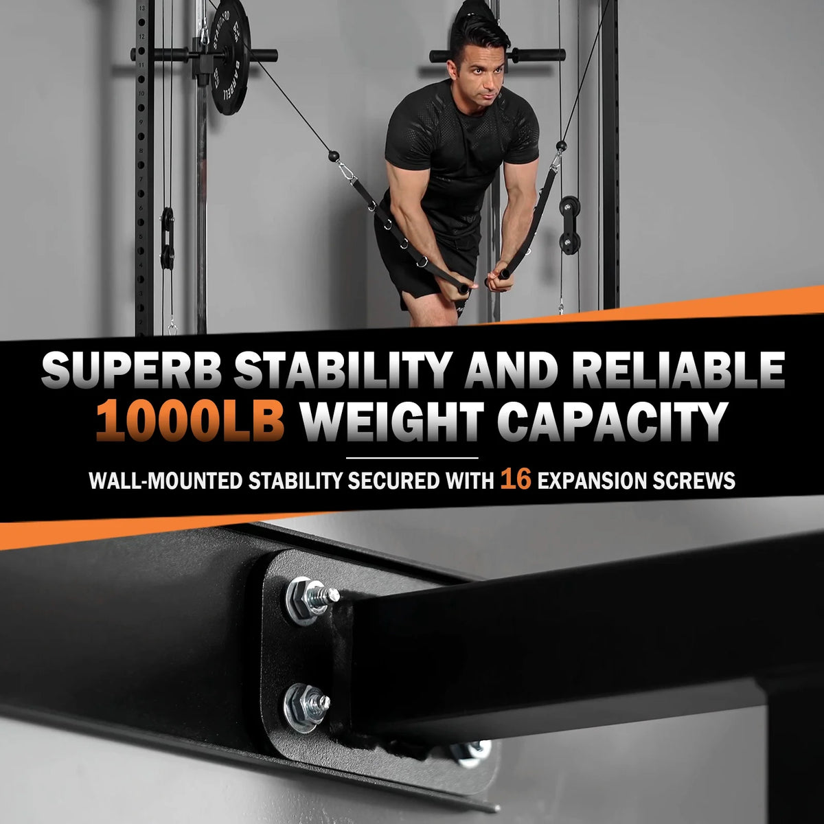 Mikolo Foldable Power Rack Cage,1000lbs Capacity Wall Mounted Squat Rack with independent pulley system, Space Saving Home Gym Equipment with 5 Adjustable Angle