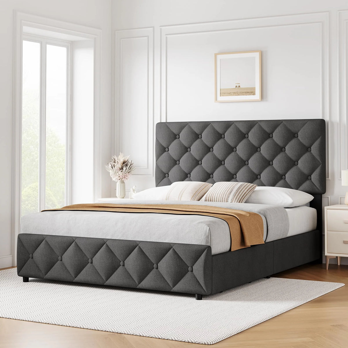 TROPOW Full Size Bed Frame,with 4 Storage Drawers and Adjustable Headboard, Linen Upholstered Platform Bed Frame, Diamond Stitched Button Tufted, No Box Spring Needed,White