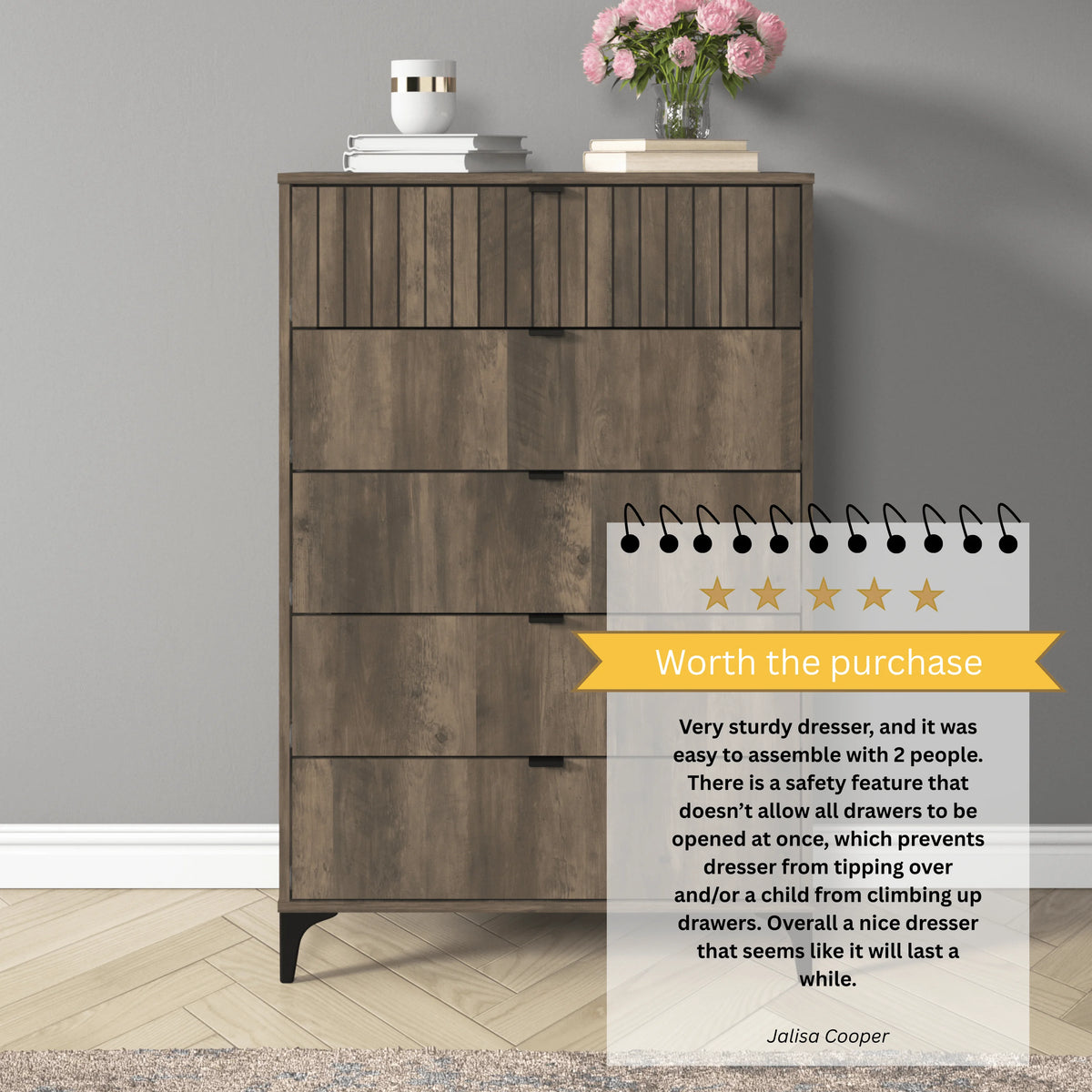 Galano Zaffy 5 Drawer Dressers for bedroom , Dusty Grey Oak