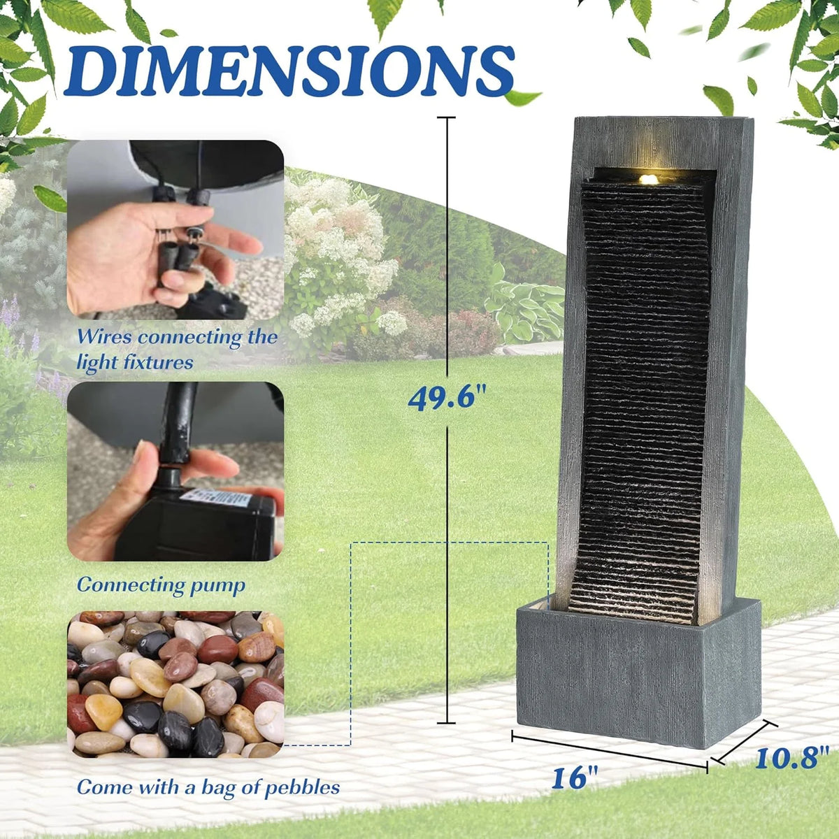 MAGIC UNION Water Fountain Outdoor Garden - Indoor Modern Water Fountain Freestanding Fountains, 49.6" H Contemporary Curves Garden Fountain with LED Lights, Pump and Natural Stones for Garden, Patio