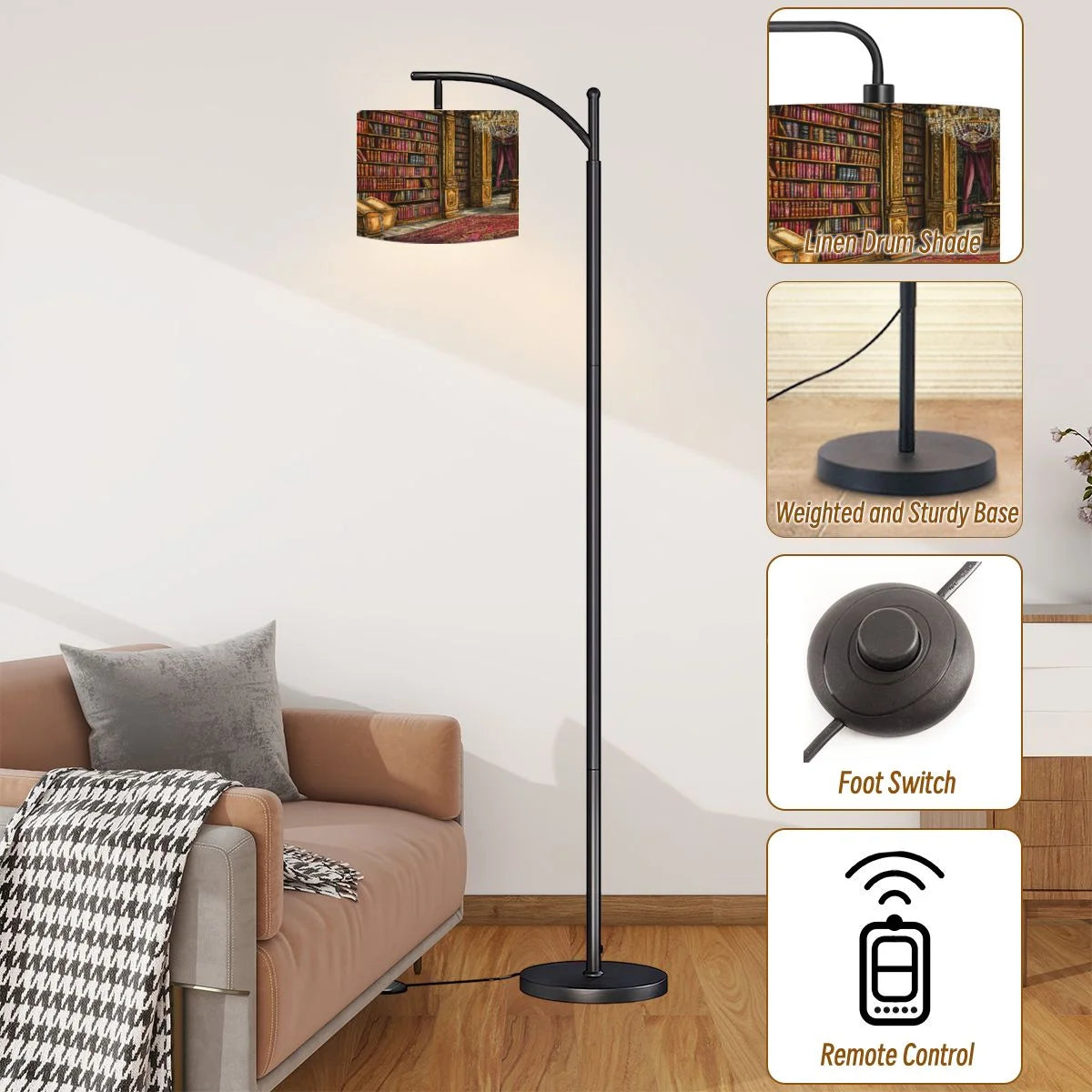 Arc Floor Lamps Surreal Bookshelf Dreamlike Sky Art Print Modern LED Adjustable Lampshade Standing Light for Living Room Reading Bedroom Office