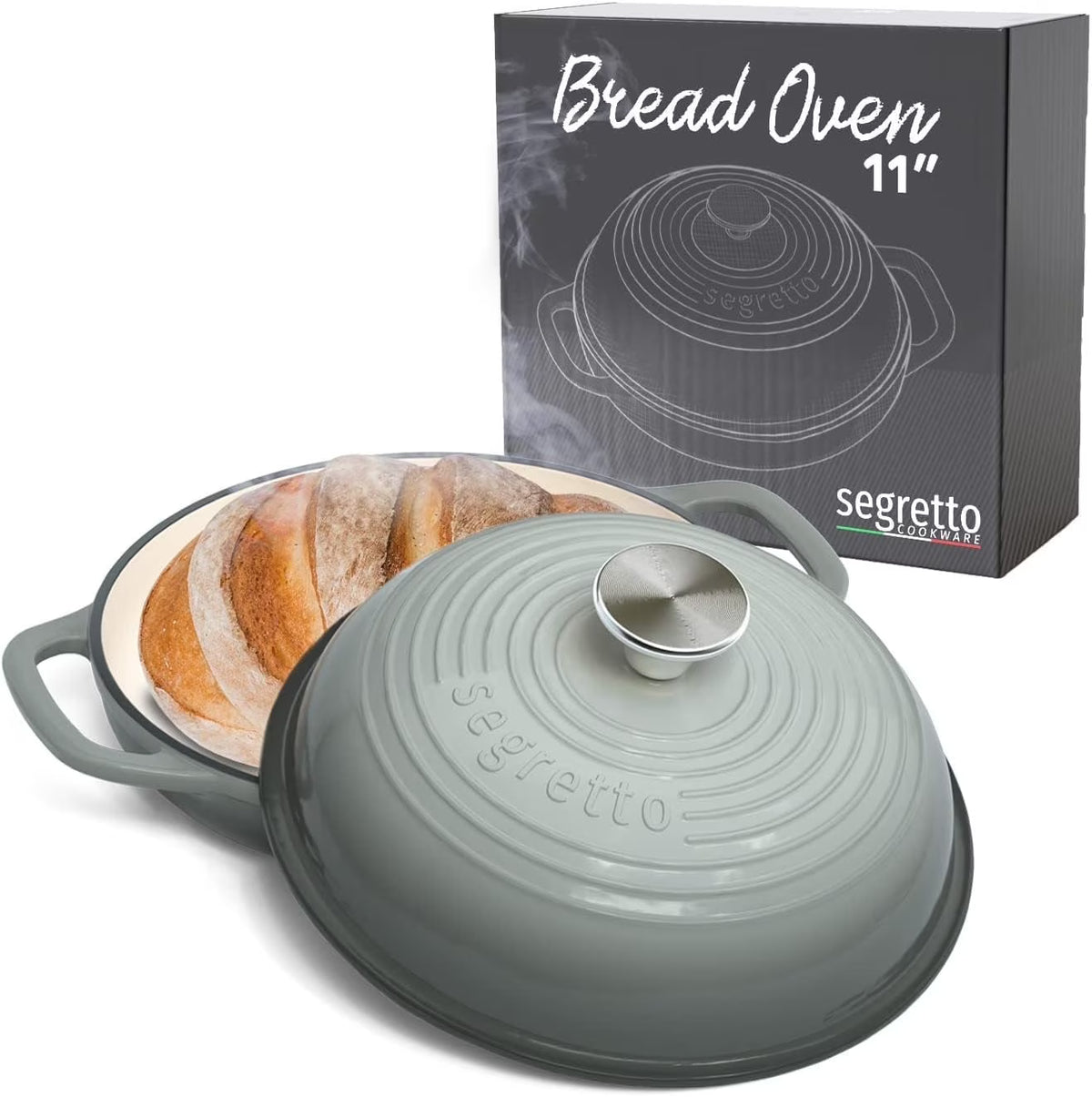 Segretto Cookware 11" Enameled Cast Iron Dutch Oven for Bread, Bread Maker Pan with Lid, Red