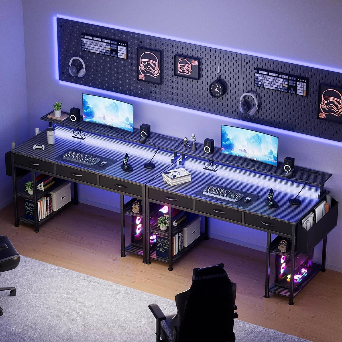 Upgo 55" Gaming Desk with Adjustable Storage Rack & LED Lights, Power Outlets for Adult and Teen