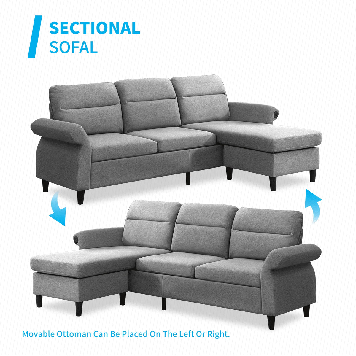 Mjkone Modern 88" W Convertible Sectional Sofa Couch with 2 USB Ports and Adjustable Armres,3 Seat L-Shape Sofa Couch with,Ottoman for Living Room,Apartment , Linen Fabric,Light Grey
