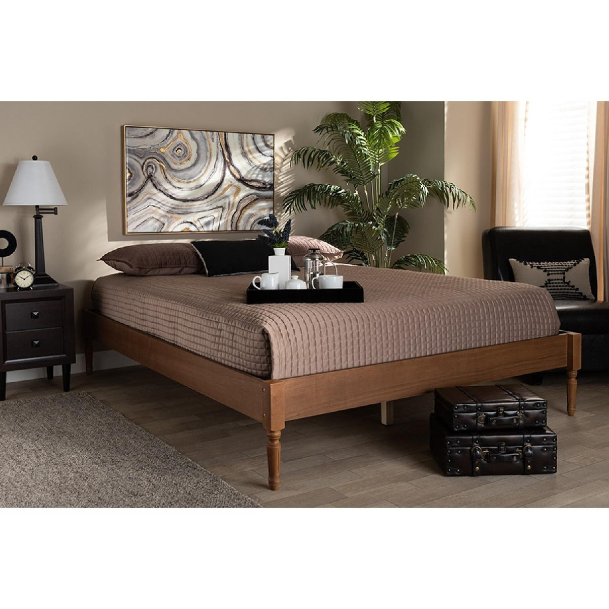 Baxton Studio Colette French Bohemian Ash Walnut Finished Wood Queen Size Platform Bed Frame
