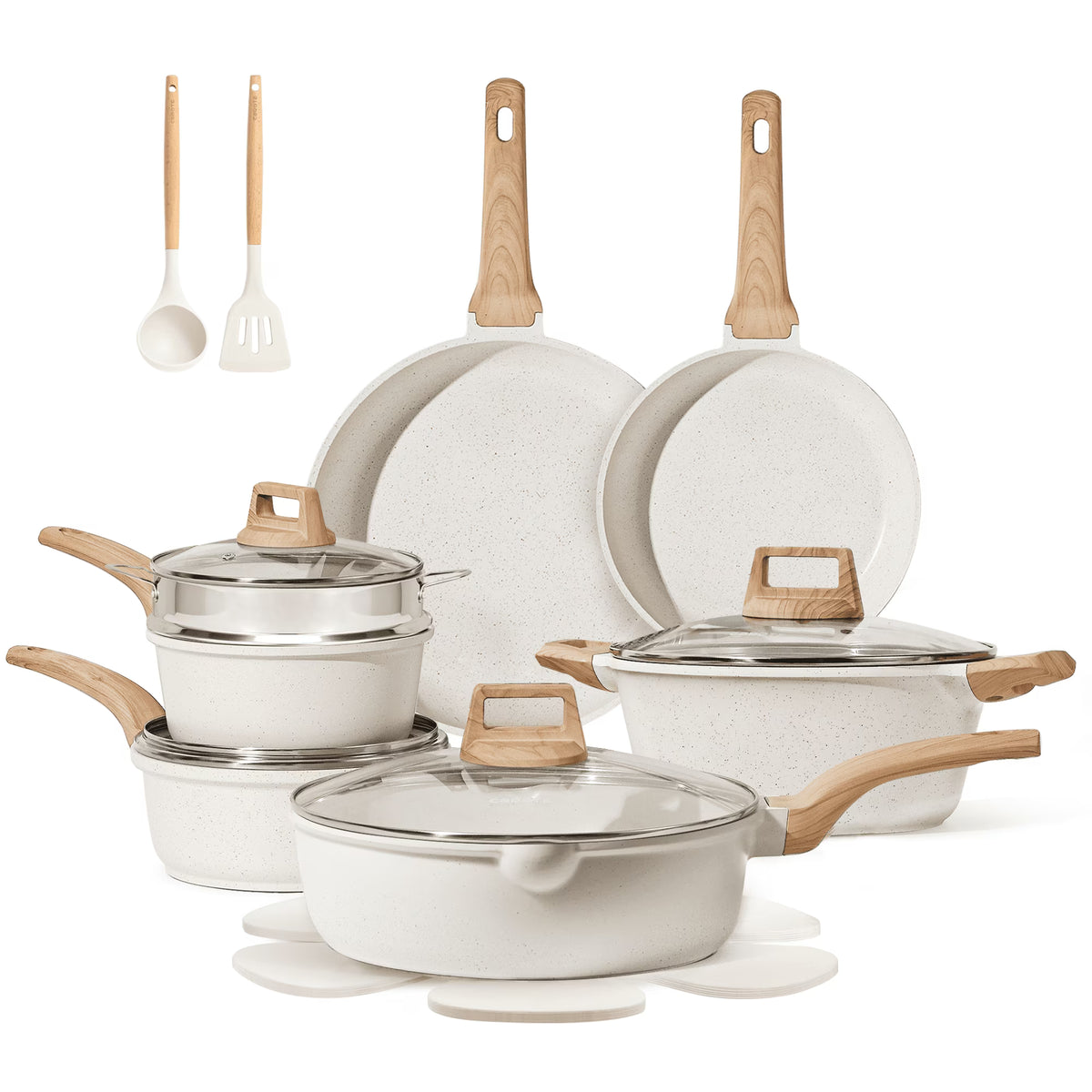 Carote Nonstick Pots and Pans Set, 18 Pcs Granite Kitchen Cookware Sets (White)