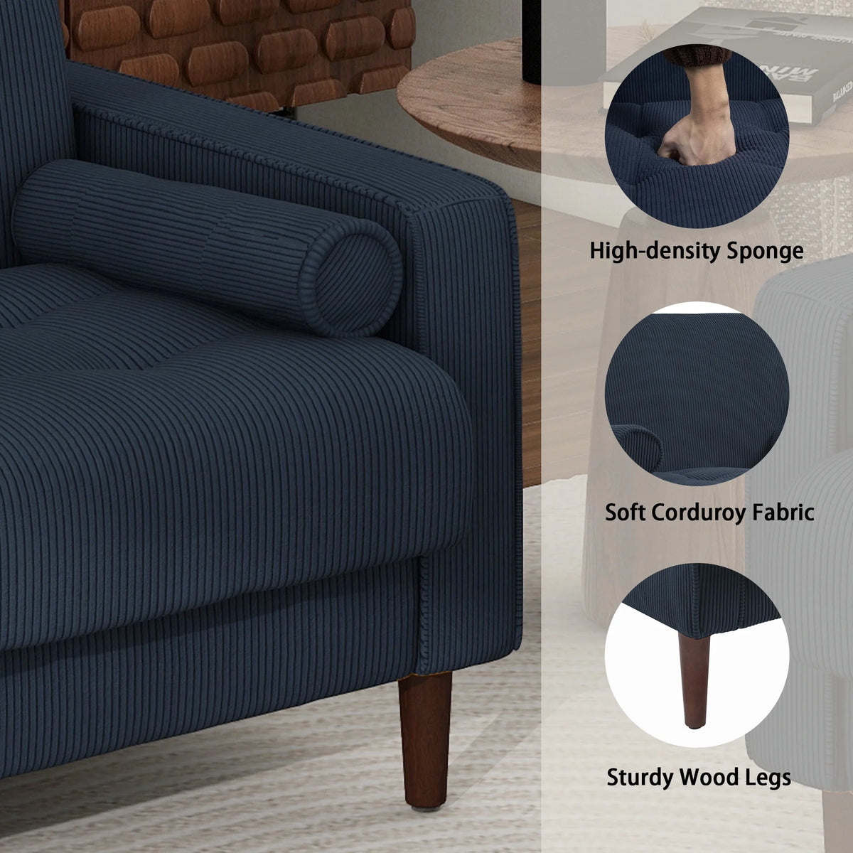 UIXE Corduroy Accent Chair Modern Upholstered Arm Chairs Comfy Reading Armchair with Pillow Armrest Tufted Living Room Single Sofa Lounge Seat, Yellow