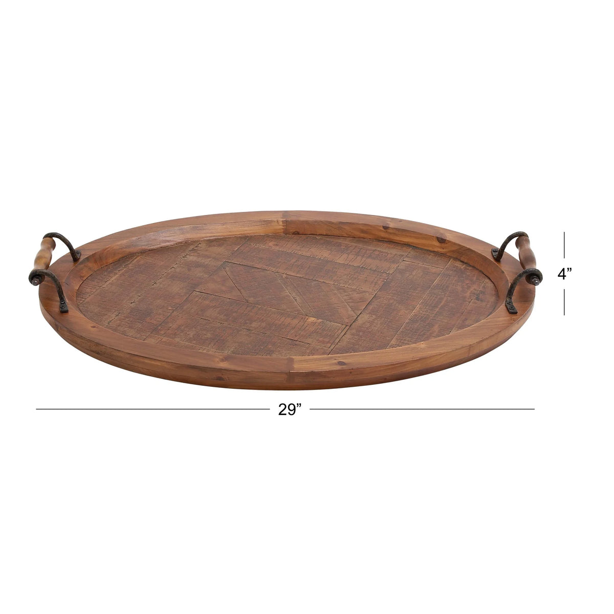 DecMode 29" x 19" Brown Wood Large Oval Tray with Scroll Metal Handles, 1-Piece