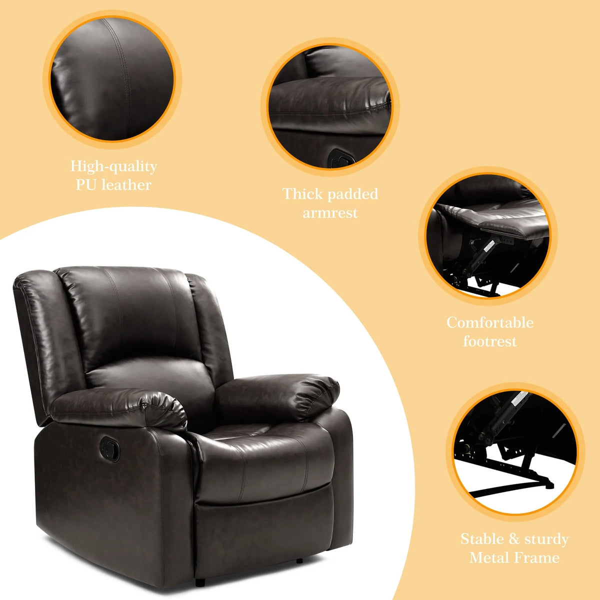 Fairyland PU Leather Ergonomic Recliner, Adjustable Seat Back and Footrest, Quick Installation, Brown