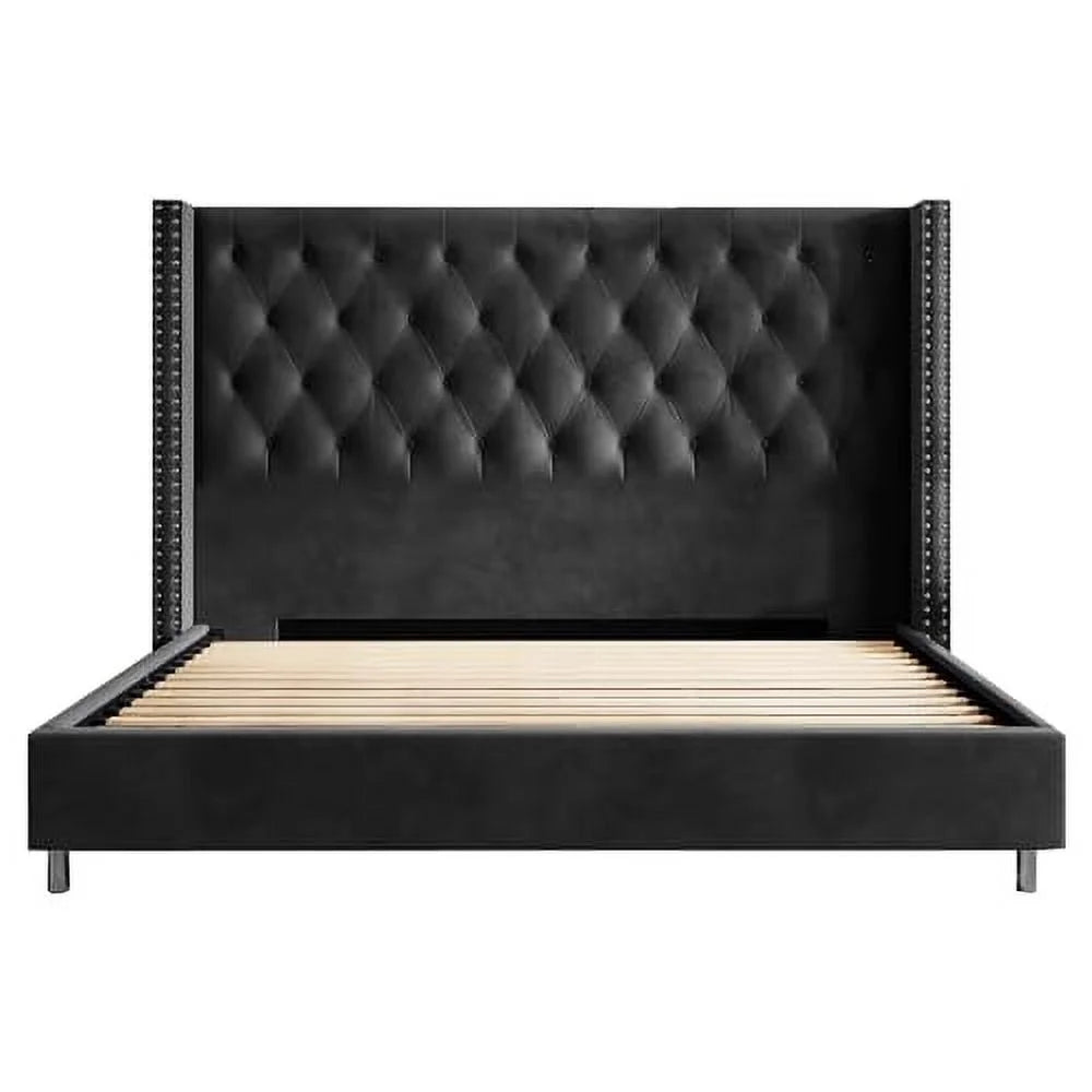VanAcc Queen Bed Frame Upholstered Bed Wingback Headboard Velvet Tufted Diamond Button/No Box Spring Needed/Easy Assembly/Gray