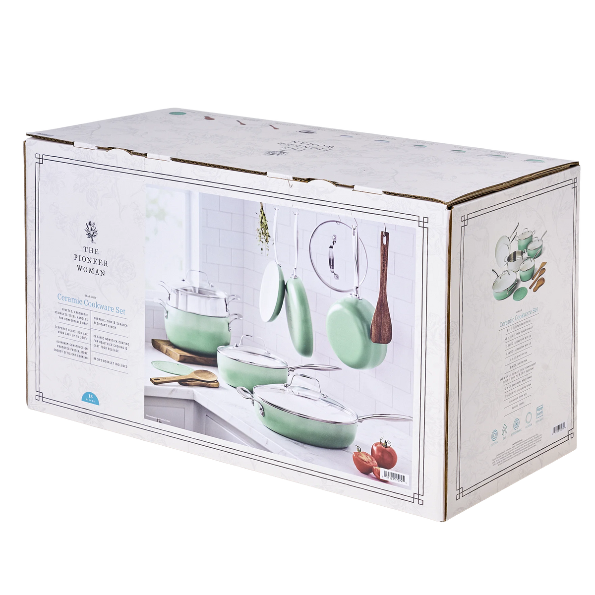The Pioneer Woman Harlow 15-Piece Cookware Set, Ceramic Non-Stick Pots and Pans Set, Taupe