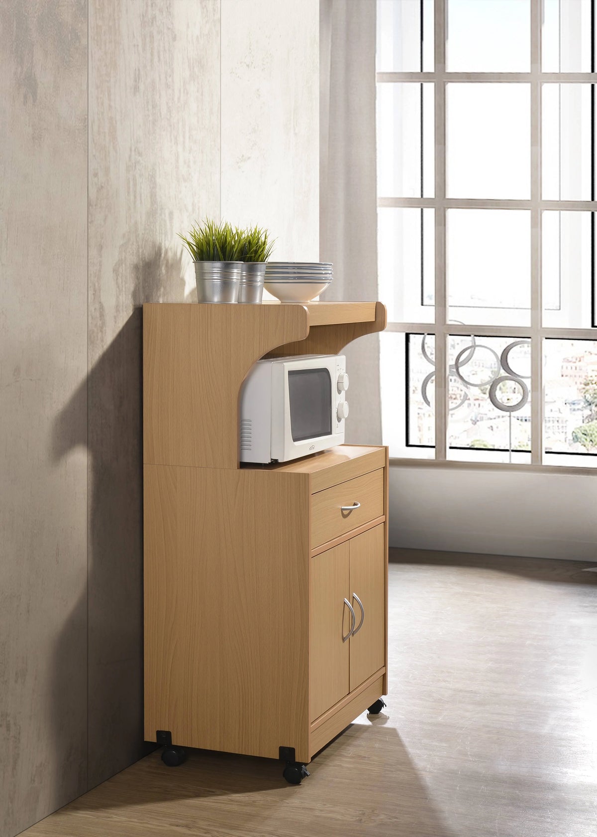 Hodedah Microwave Contemporary Wooden Kitchen Cart in Cherry Finish