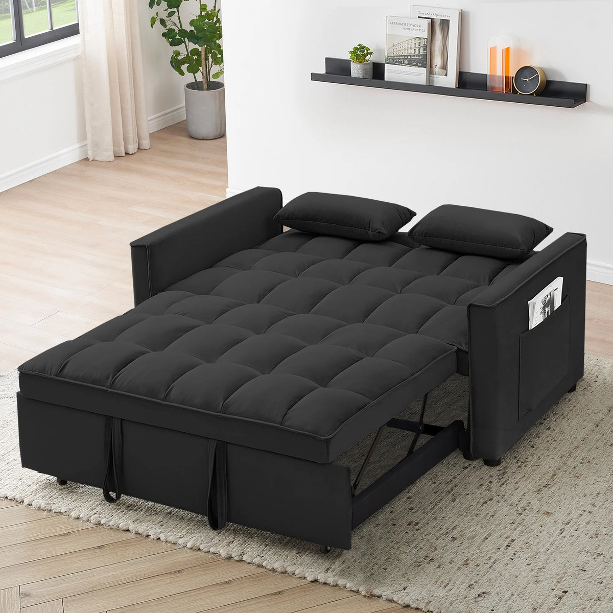 55 Inch Convertible Futon Sofa Bed,Modern Loveseat Sleeper Sofa Couch with Pull-Out Sofa Bed for Living Room,Small Space - Black