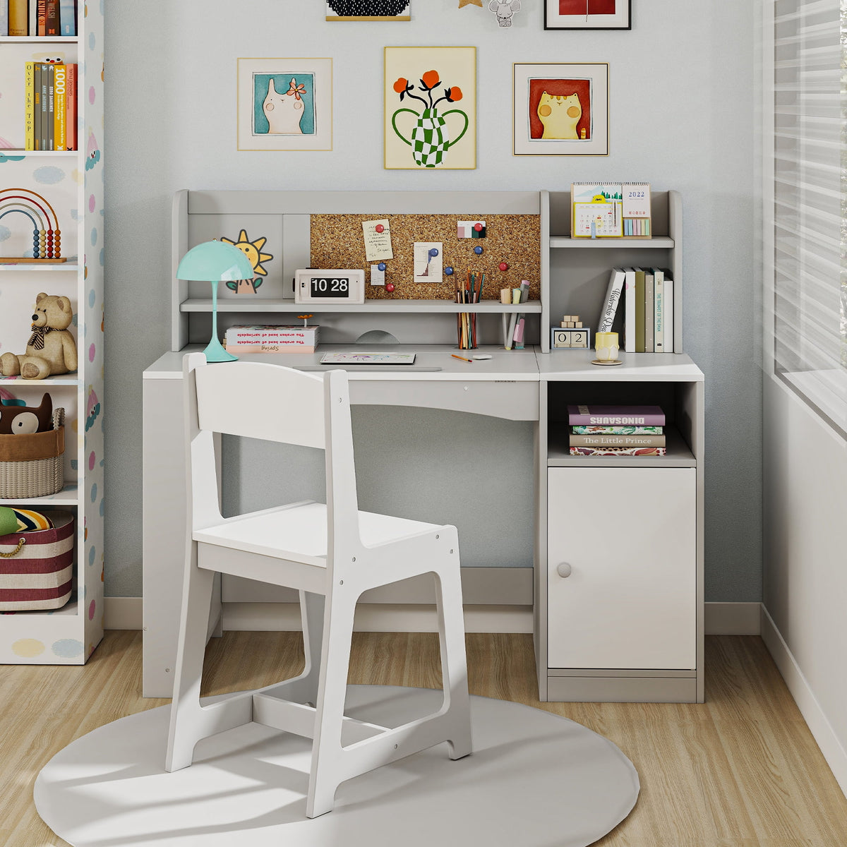 Reasea Kids Study Desk and Chair Set with Tiltable Desktop, Hutch & Storage - Wooden Writing Table for Ages 5-12, Grey