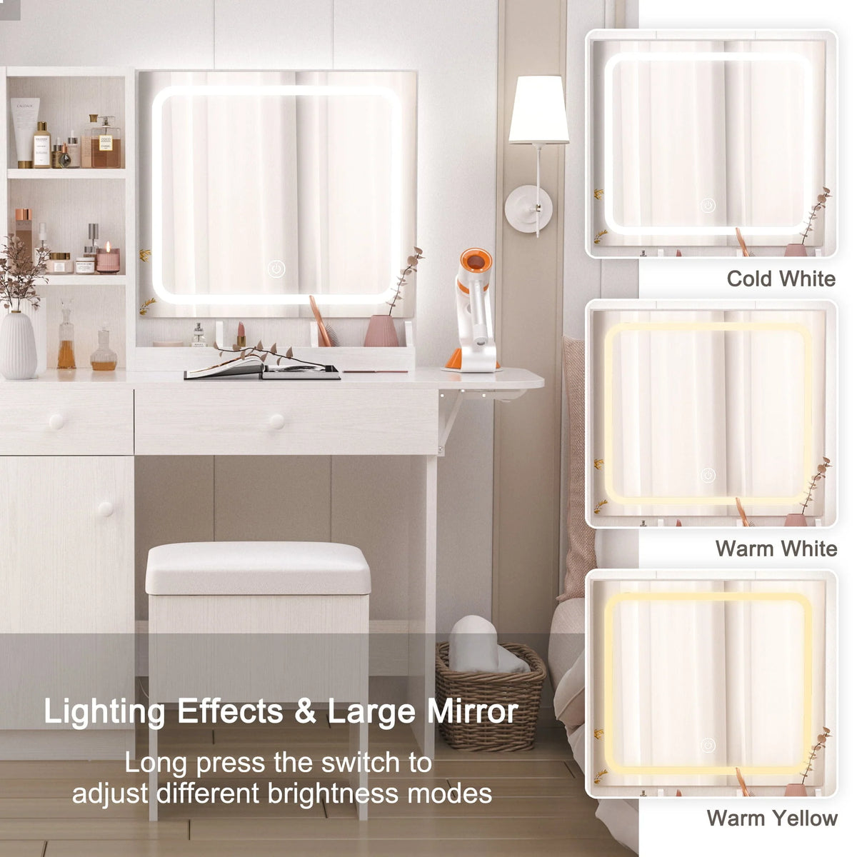 IRONCK Vanity Desk with LED Lighted Mirror & Power Outlet, Makeup Table with Drawers & Cabinet,Storage Stool,for Bedroom, White