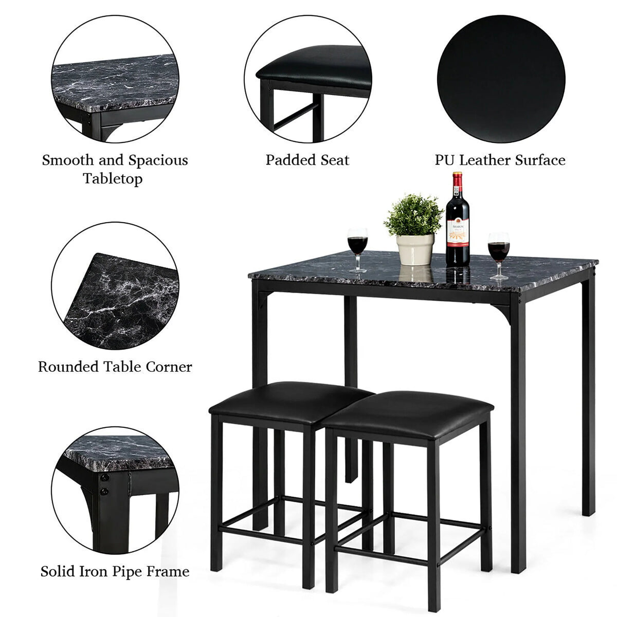 Costway 3 Piece Counter Height Dining Set Faux Marble Table 2 Chairs Kitchen Bar Black