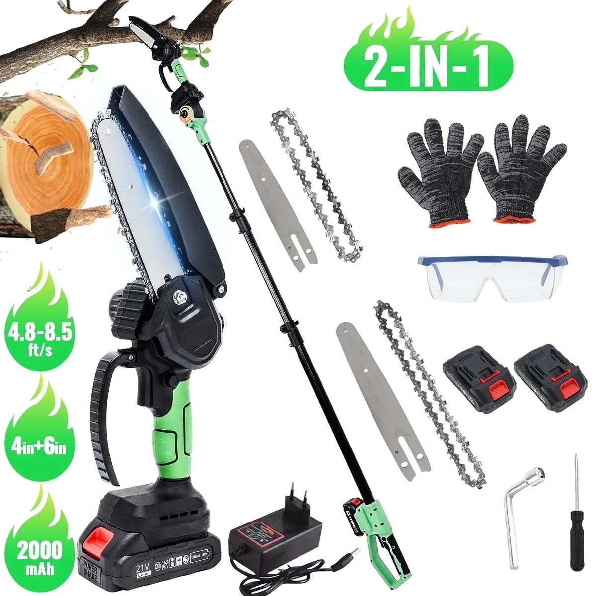 2-in-1 Brushless Cordless Pole Saw,6in + 8in Mini Chainsaw & Pole Saw with 2pcs 2.0A Batteries, 13.6ft Max Reach Brach Tree Saw Telescoping Extension Rod for Wood Tree Trimming Wood Cutting��Red