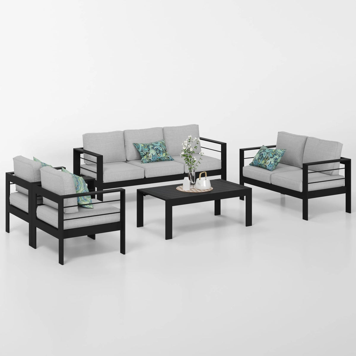 CozyHom 5 Pcs Outdoor Patio Aluminum Furniture Sofa Sets, Outside Patio Conversation Couch Sets With Table&Cushions for Garden Porch, Gray