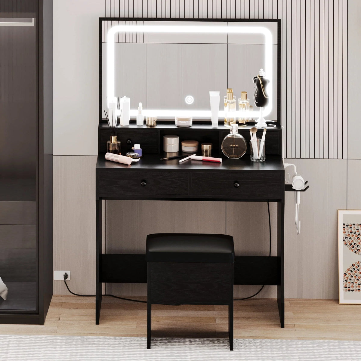 LIKIMIO Vanity Desk with LED  Mirror, Bedroom Makeup Table with 4 Drawers, Storage Stool, White