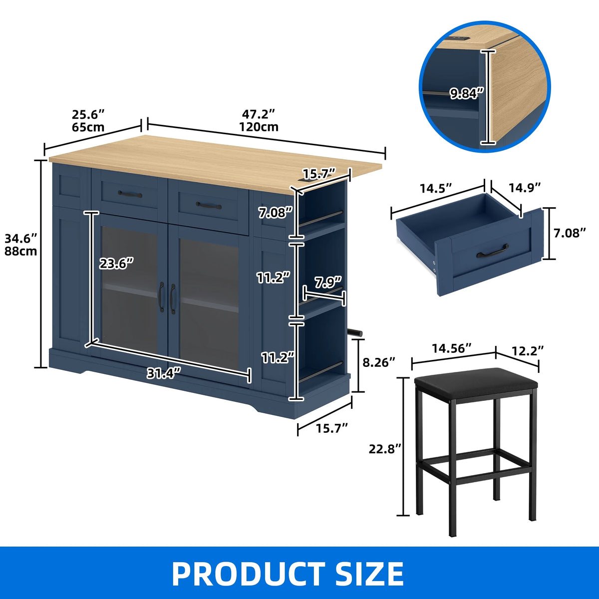 DEXTRUS Kitchen Island with Seating & Drop Leaf, Kitchen Island on Wheels with Doors & Drawers, White