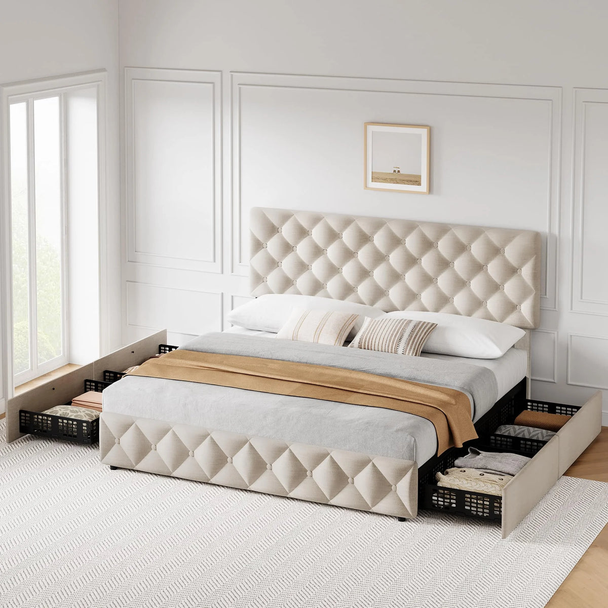 TROPOW Full Size Bed Frame,with 4 Storage Drawers and Adjustable Headboard, Linen Upholstered Platform Bed Frame, Diamond Stitched Button Tufted, No Box Spring Needed,White