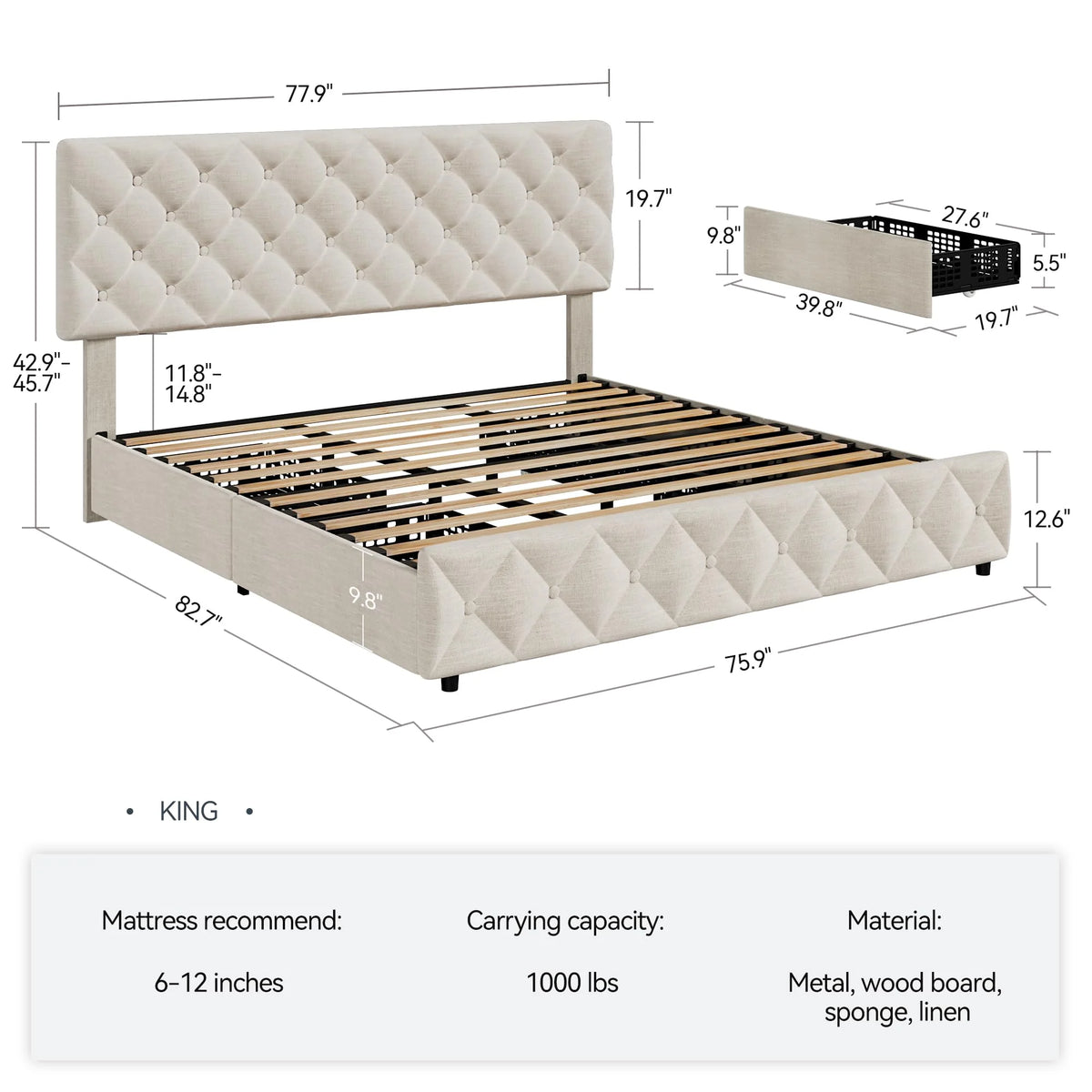 TROPOW Full Size Bed Frame,with 4 Storage Drawers and Adjustable Headboard, Linen Upholstered Platform Bed Frame, Diamond Stitched Button Tufted, No Box Spring Needed,White