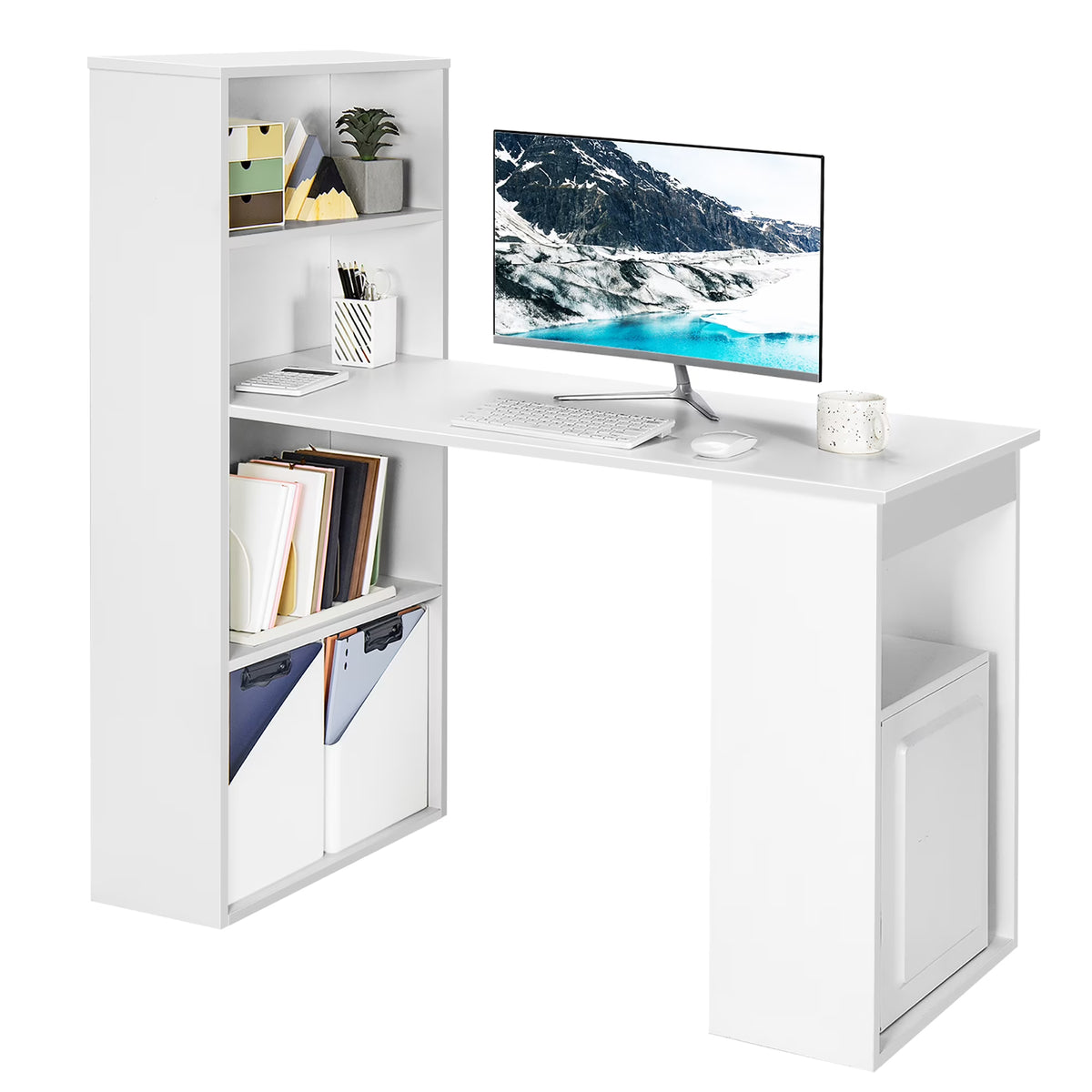 Costway Computer Desk Writing  Workstation Office 6-Tier Storage Shelves Natural
