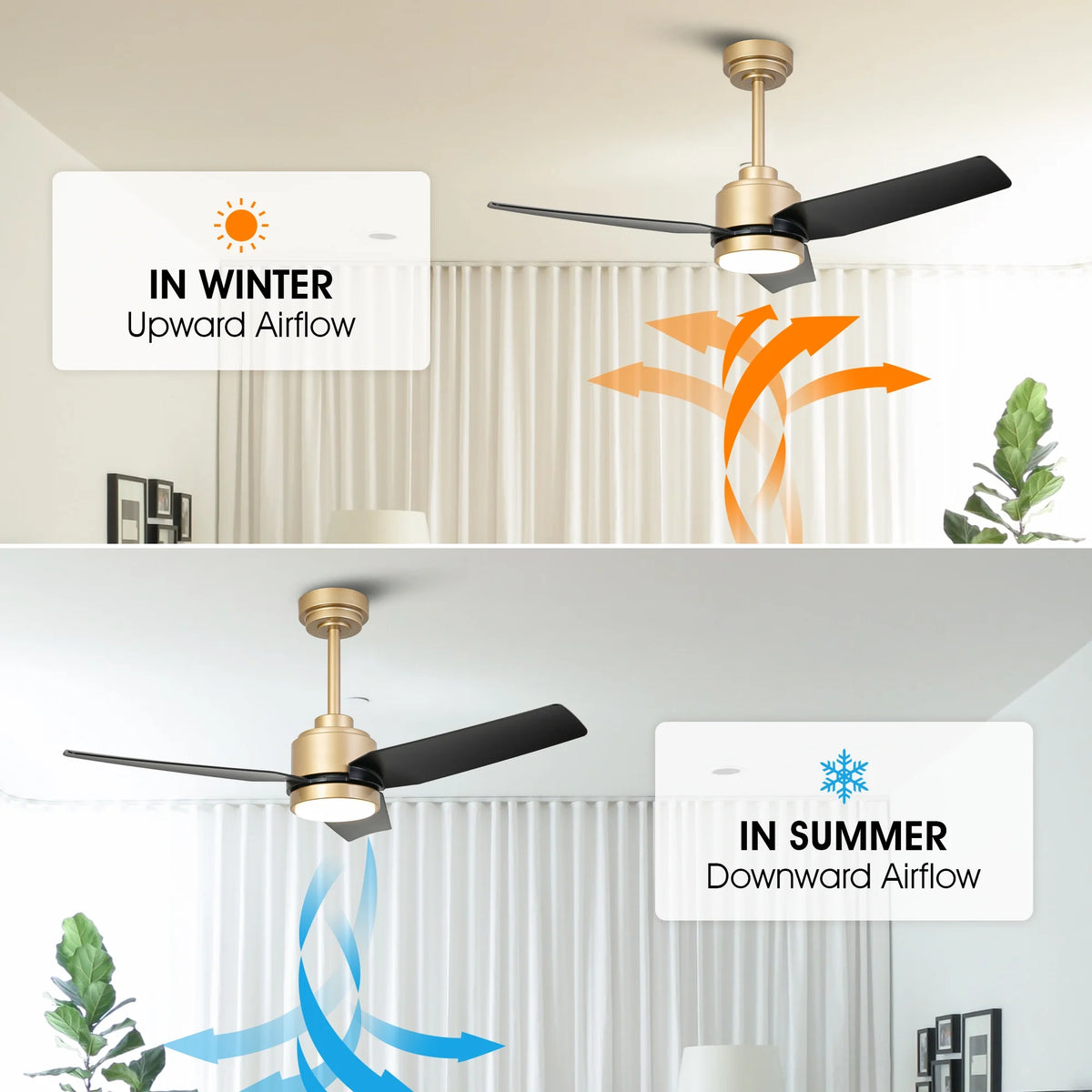 42" Modern Gold Dimmable Ceiling Fan DC Motor Indoor 3-blade LED Ceiling Fan with Remote