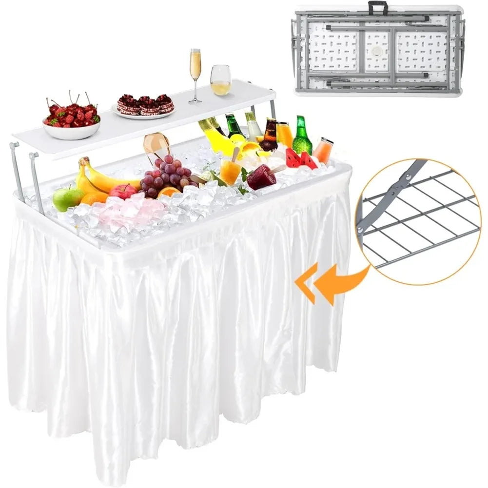 Ataucjin Outdoor Ice Cooler Folding Table with Drain, Two-Tier Ice Tables with Removable Skirt and Extra Storage Shelf, Indoor Outdoor Use for Events, Parties, Wedding, Camping, BBQ, White