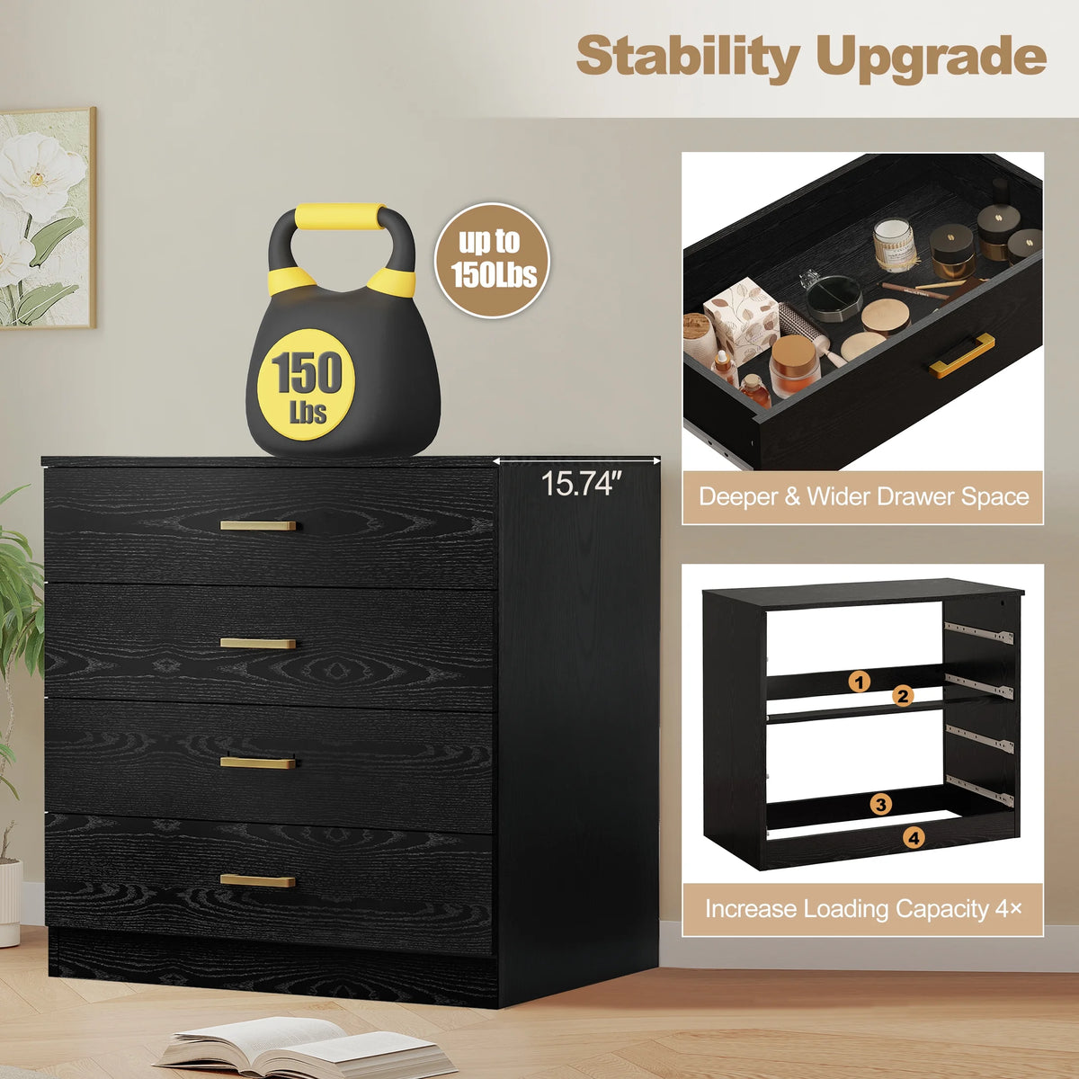 White 4-Drawer Wood Dressers for Bedroom
