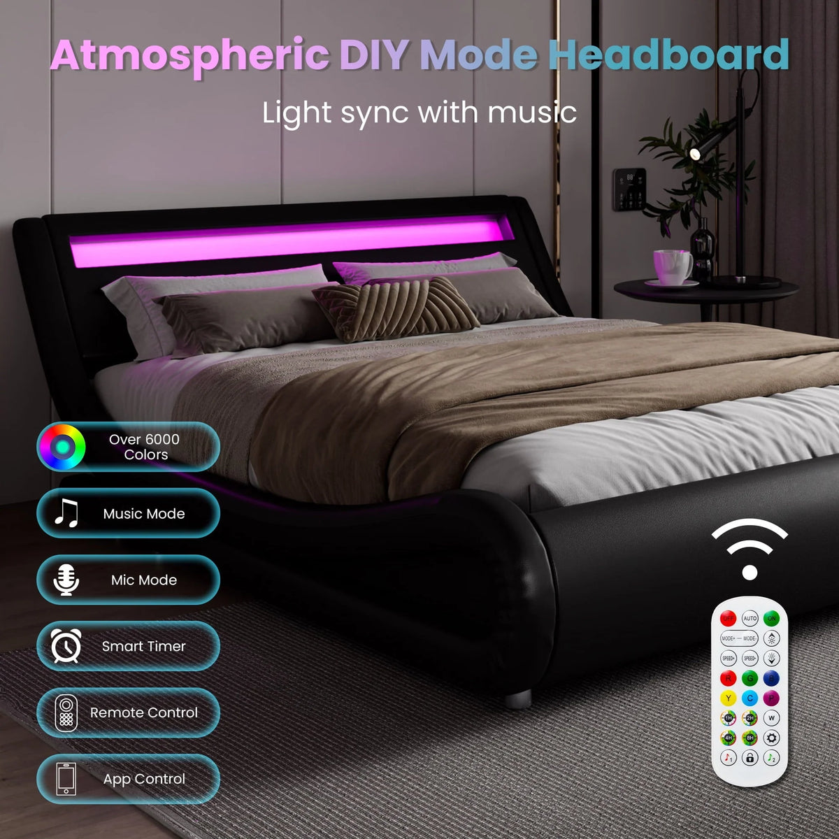 Amolife Queen Size Wave-Like Curve Deluxe Upholstered Modern Bed Frame with LED Headboard,Black