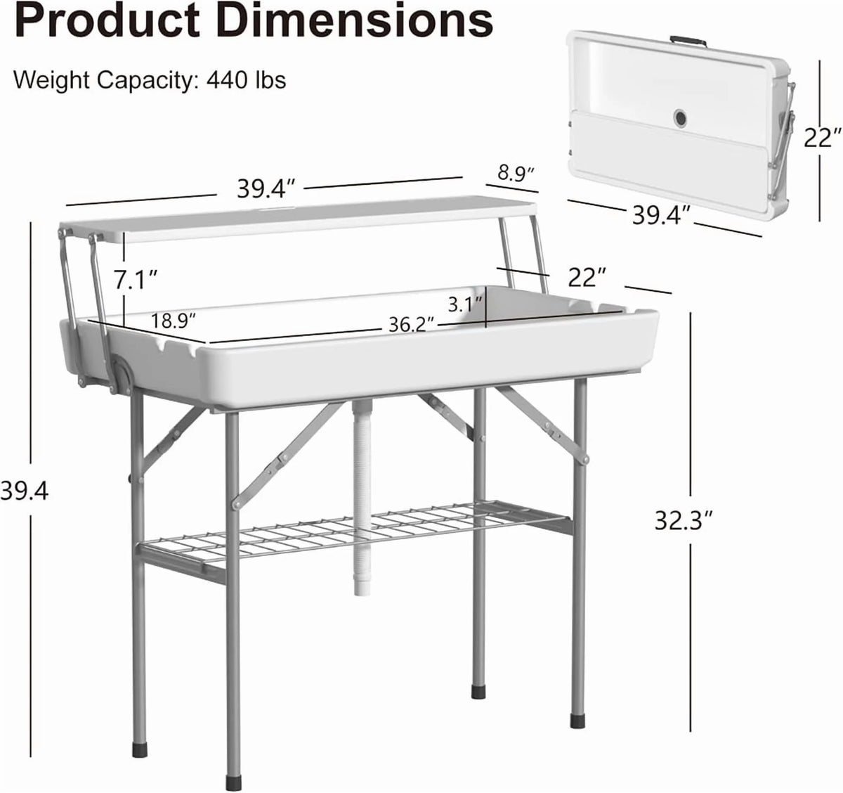 Ataucjin Outdoor Ice Cooler Folding Table with Drain, Two-Tier Ice Tables with Removable Skirt and Extra Storage Shelf, Indoor Outdoor Use for Events, Parties, Wedding, Camping, BBQ, White