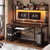 55" Computer Desk with Drawer&Power Outlet, Industrial Home Office Table Gaming Desk PC Study Workstation with Hutch&LED Lights&Adjustable Shelves,White