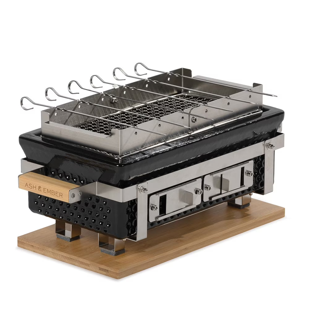 Ash & Ember 16" Hibachi Tabletop Grill And Skewer Set, Ceramic Charcoal Grill