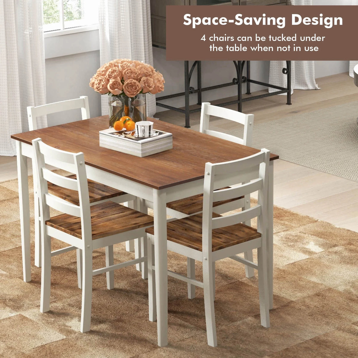 Costway 5-Piece Dining Set Solid Wood Kitchen Furniture with Rectangular Table & 4 Chairs