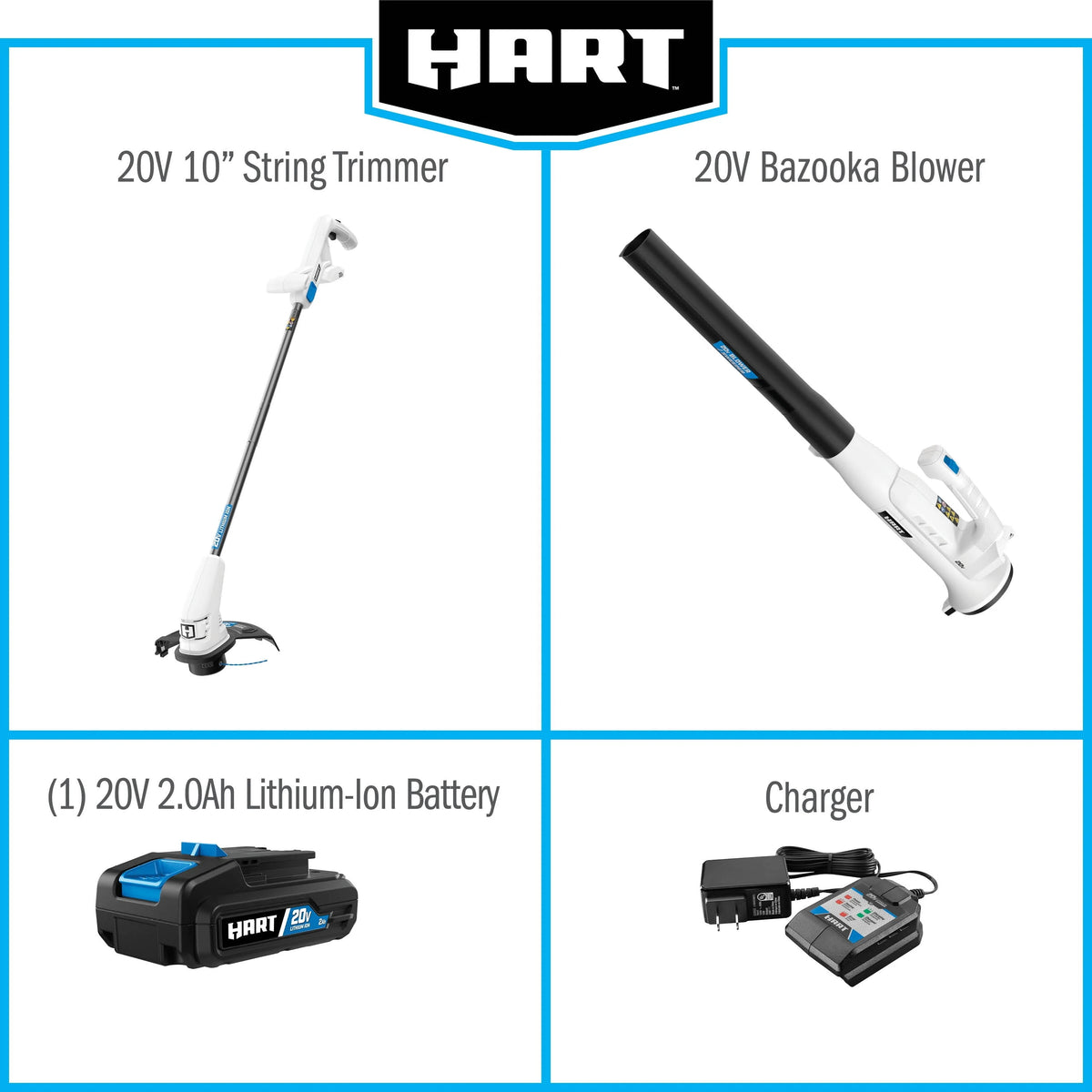 HART 20-Volt 10-inch String Trimmer/Bazooka Leaf Blower Combo Kit, (1) 2.0Ah Lithium-Ion Battery